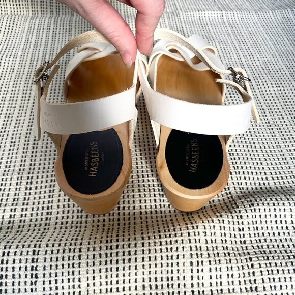 White Leather Peep Toe Swedish Hasbeens Clog Block Heel Sandals - Picture 4 of 7